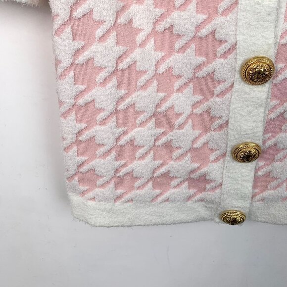 Houndstooth Pink & White Balmain Short Sleeve Cardigan With Gold Buttons - Picture 4 of 8